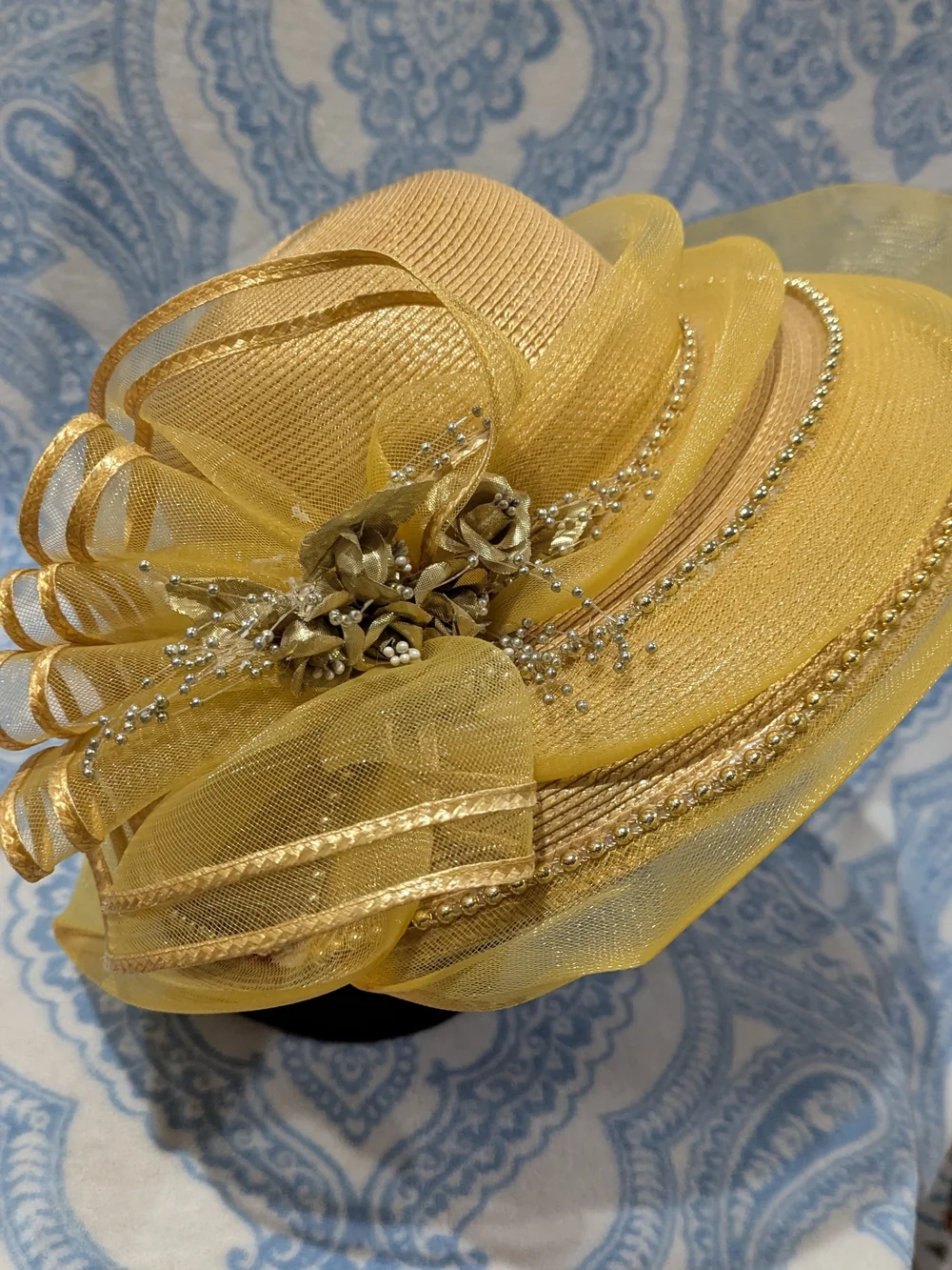 Elegant Yellow-Gold Floral Sinamay Women's Dress Hat